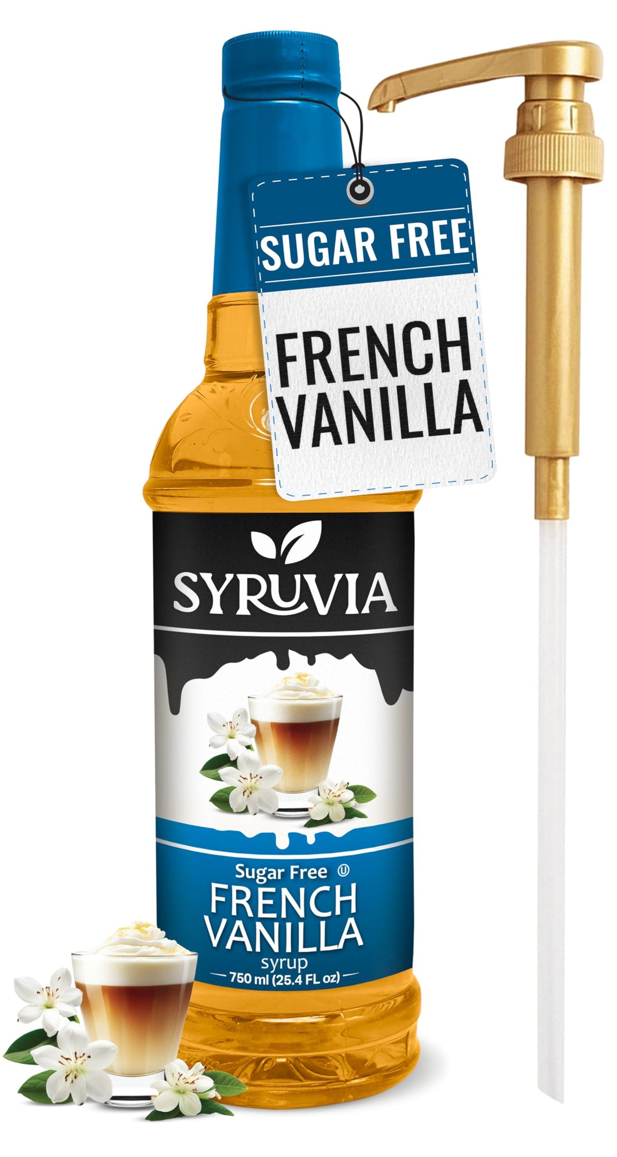 SYRUVIA Sugar Free French Vanilla syrup bottle with pump for guilt-free lattes.