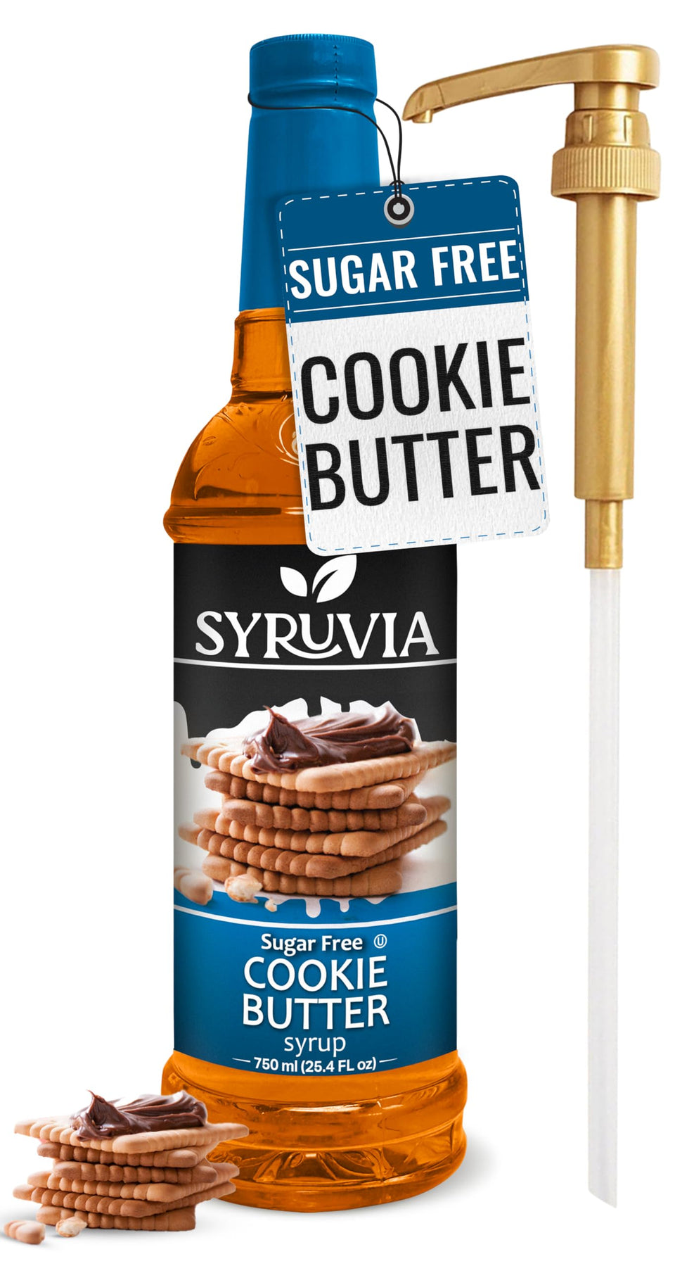 SYRUVIA Sugar Free Cookie Butter Syrup bottle with pump ready for coffee and desserts