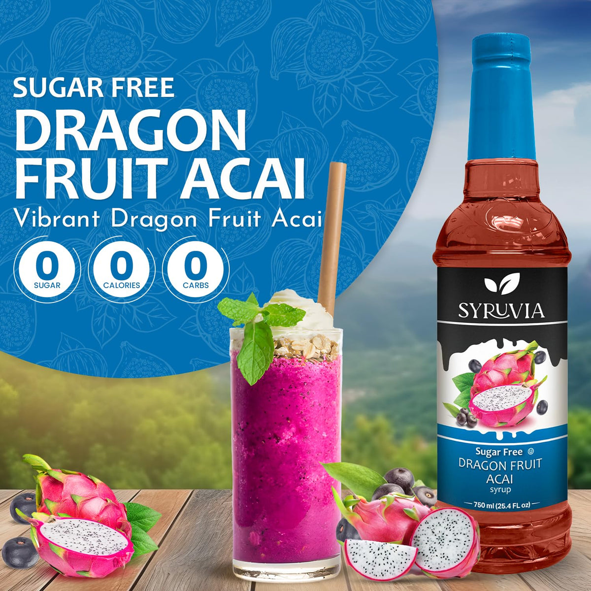 SYRUVIA sugar-free dragon fruit acai syrup pouring into a glass for refreshing drinks