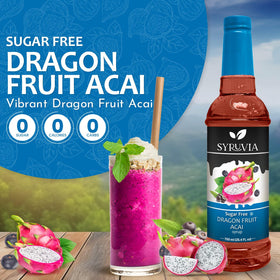 SYRUVIA sugar-free dragon fruit acai syrup pouring into a glass for refreshing drinks