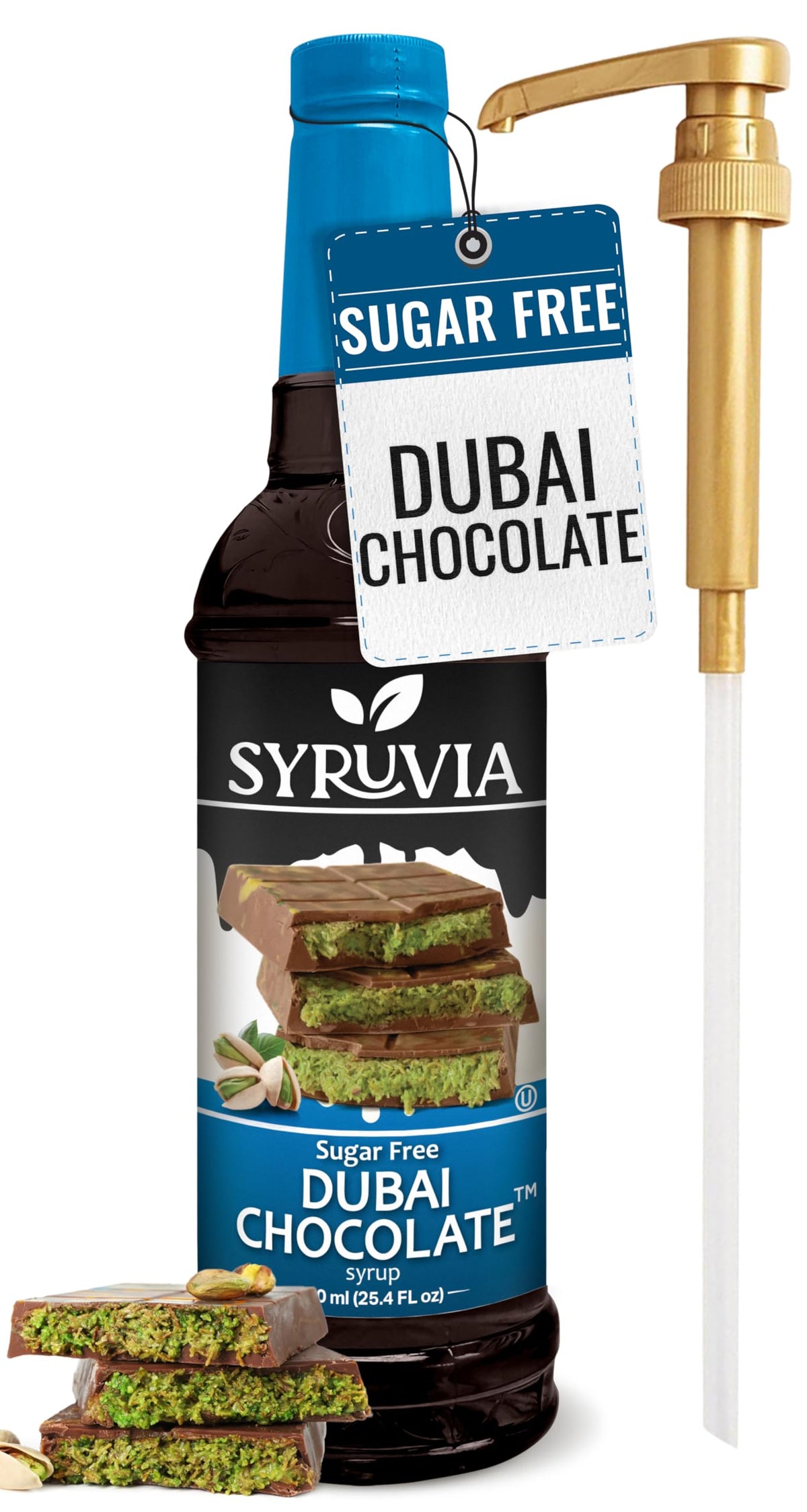 SYRUVIA sugar-free Dubai chocolate syrup bottle for guilt-free dessert topping.