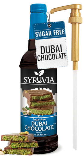 SYRUVIA sugar-free Dubai chocolate syrup bottle for guilt-free dessert topping.