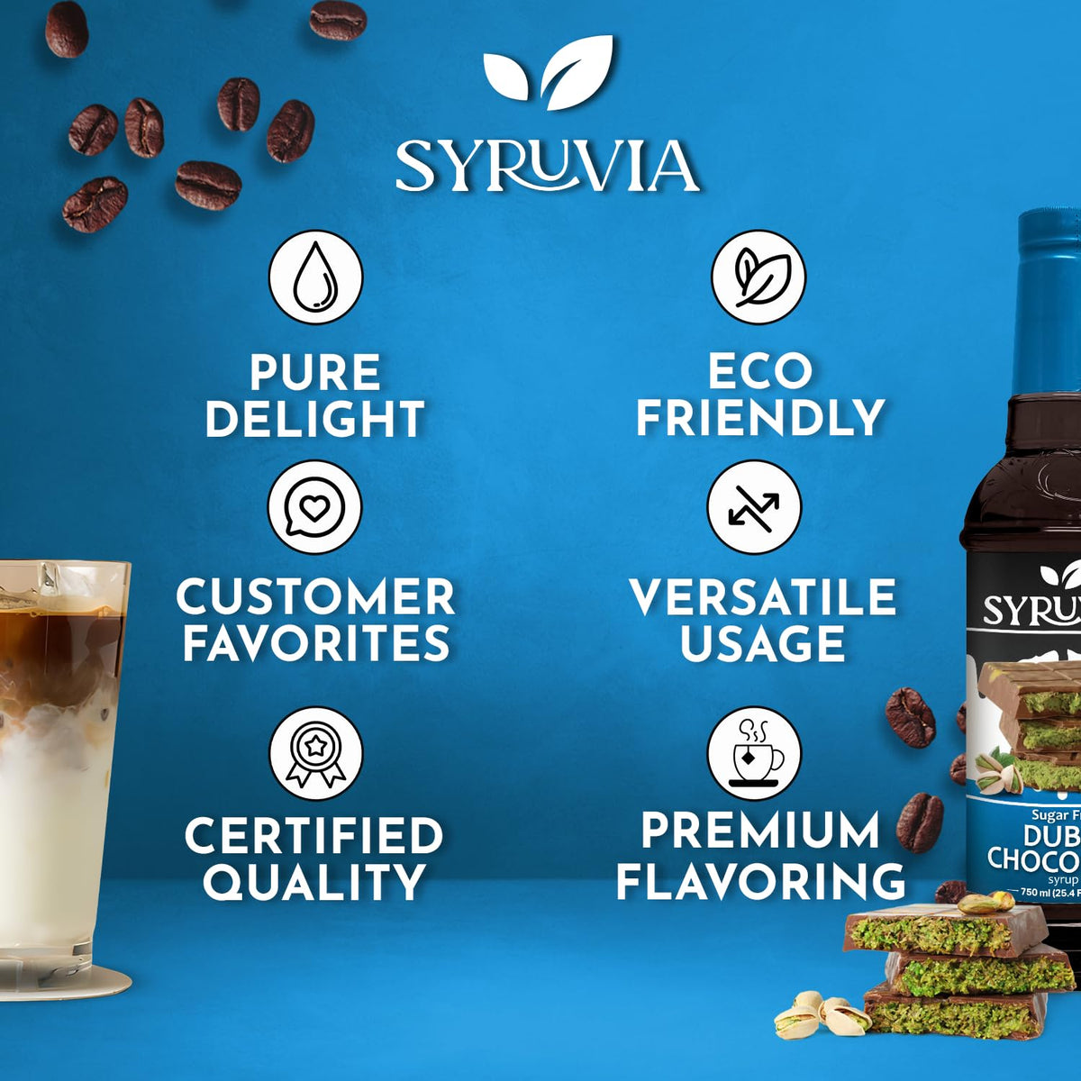 SYRUVIA sugar-free Dubai chocolate syrup dessert topping enhances sweetness without calories.