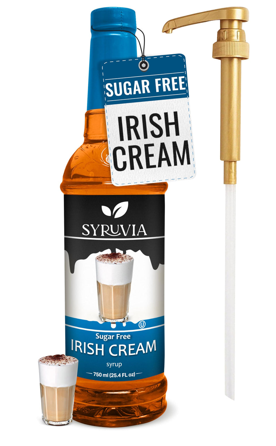 SYRUVIA Sugar Free Irish Cream Syrup bottle highlights rich flavor with zero calories