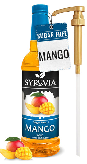 SYRUVIA Sugar-Free Mango Syrup bottle for tropical drinks and desserts.