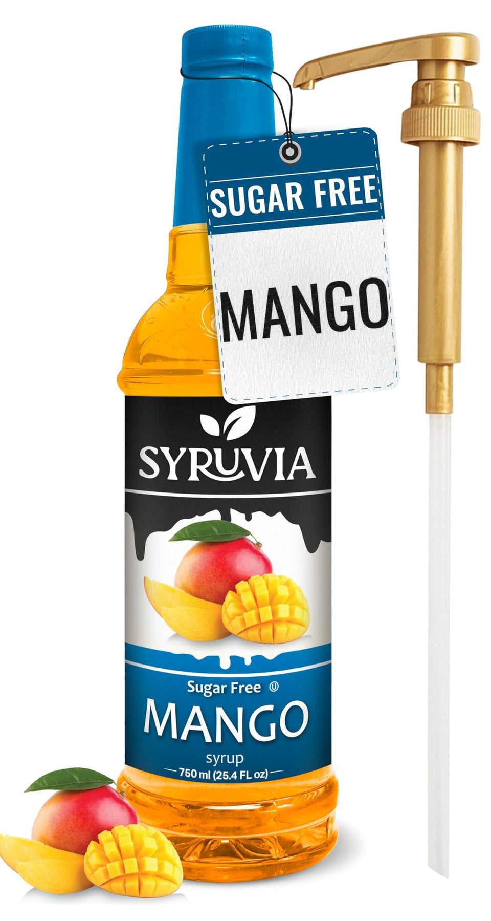 SYRUVIA Sugar-Free Mango Syrup bottle for tropical drinks and desserts.