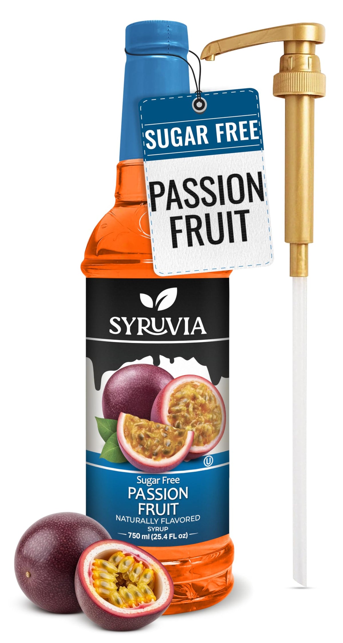 SYRUVIA Sugar Free Passion Fruit Syrup bottle showing vibrant flavor