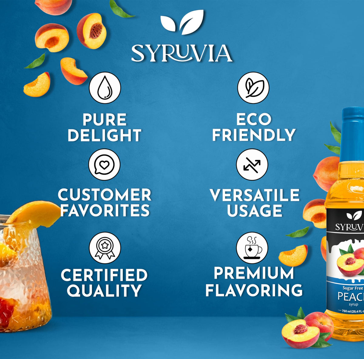 SYRUVIA Sugar-Free Peach Syrup drizzled over a dessert for flavor depth