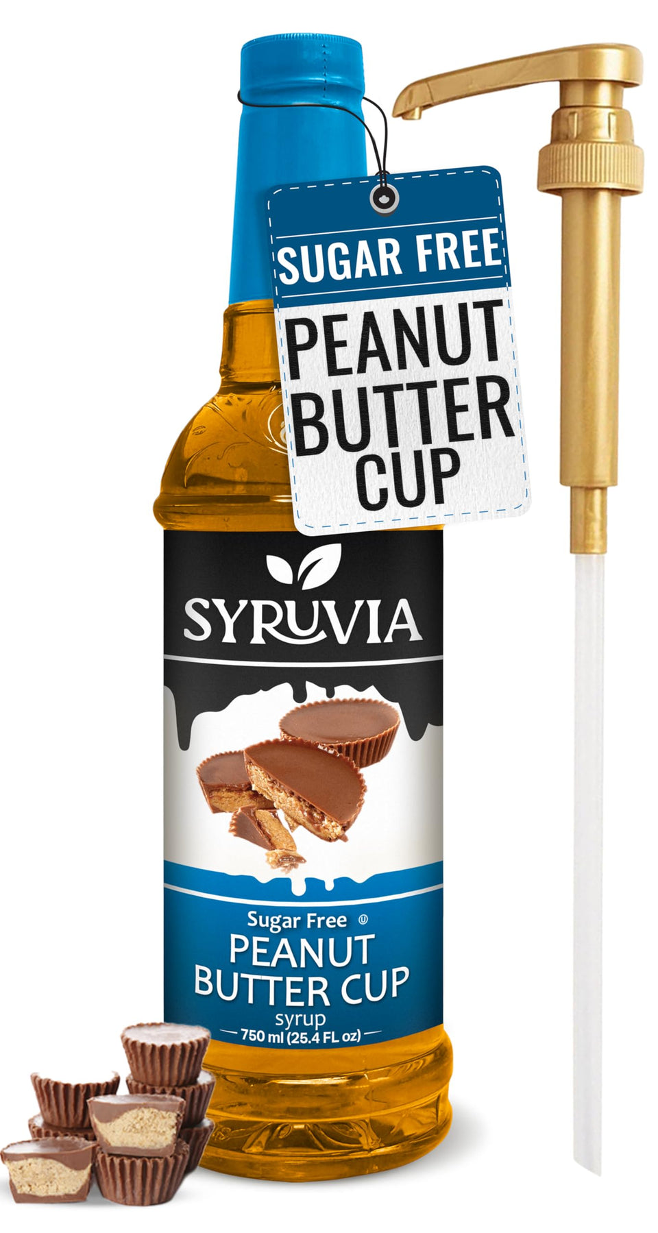 SYRUVIA sugar-free peanut butter cup syrup bottle with pump for easy topping.