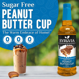 SYRUVIA sugar-free peanut butter cup syrup being poured into a latte.