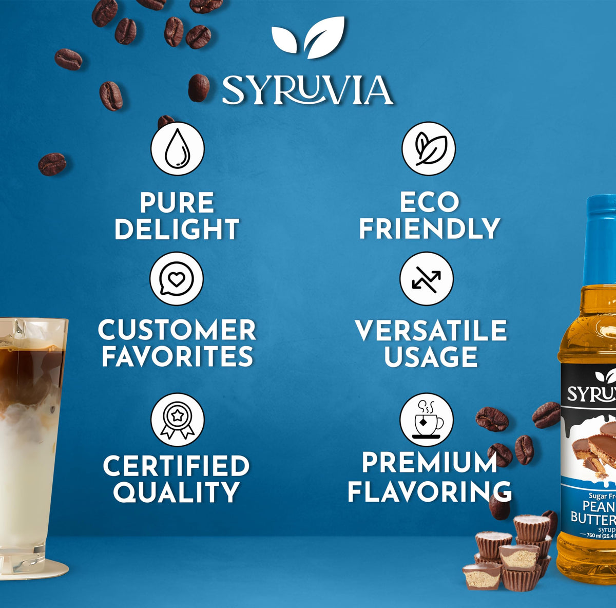 SYRUVIA syrup bottle next to a frothy coffee drink.