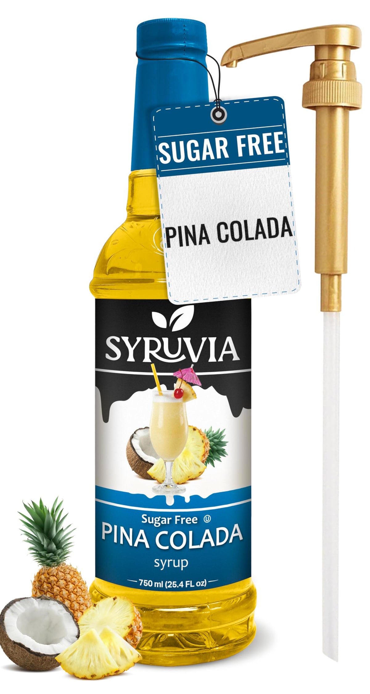 SYRUVIA sugar free pina colada syrup bottle showcasing zero calorie tropical flavor for drinks