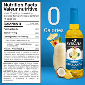 SYRUVIA sugar free pina colada syrup label closeup highlighting kosher and vegan status