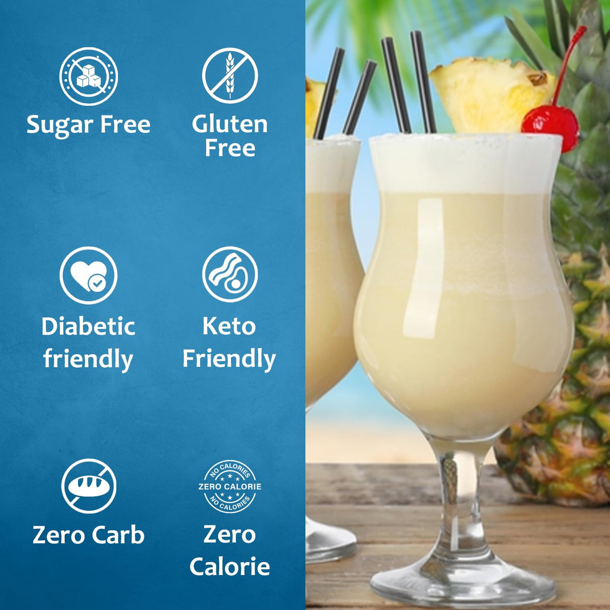 SYRUVIA pina colada syrup in a mixed cocktail image emphasizing tropical flavor
