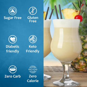 SYRUVIA pina colada syrup in a mixed cocktail image emphasizing tropical flavor