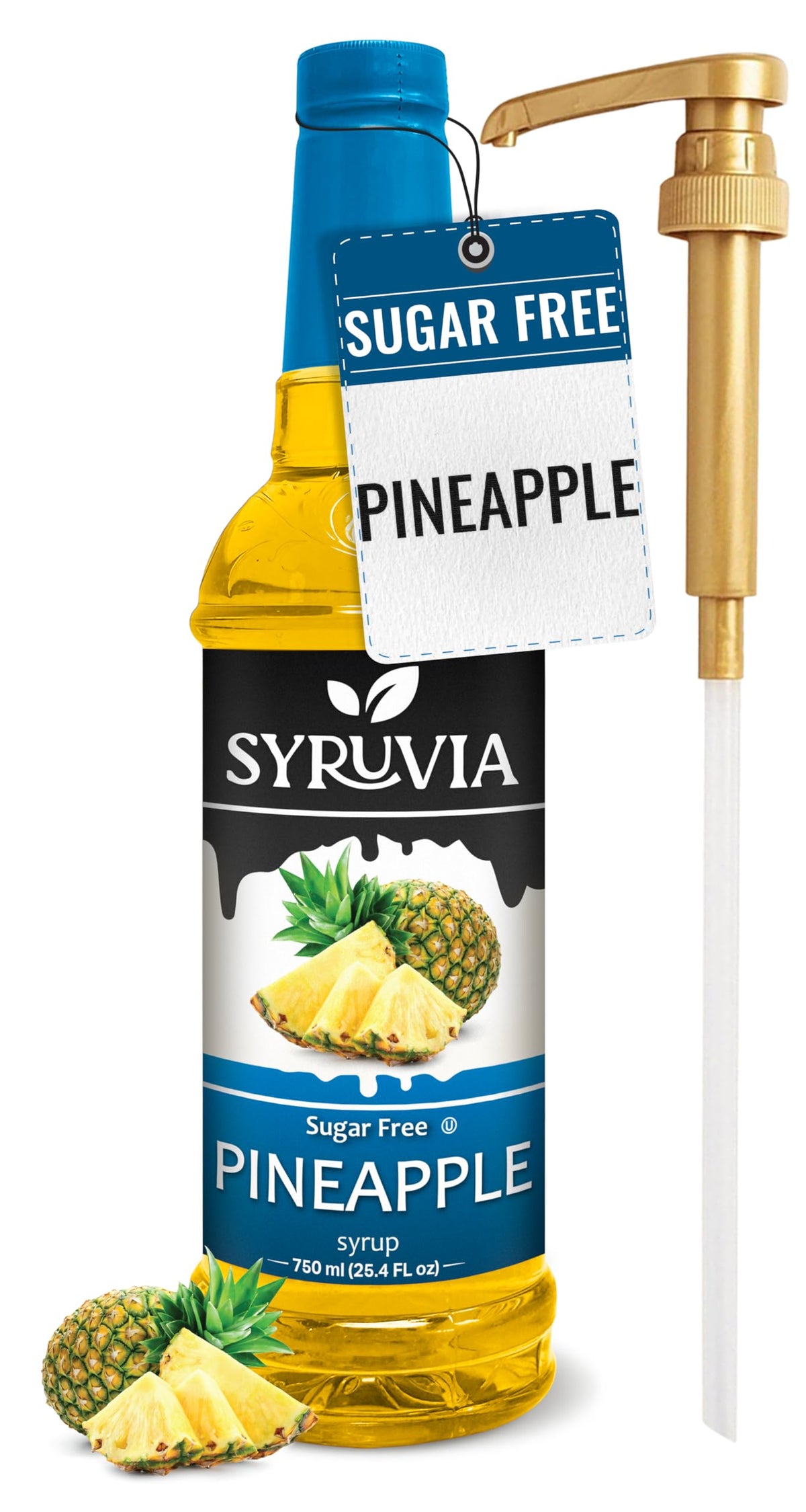 SYRUVIA Sugar-Free Pineapple Syrup bottle ready for pouring into drinks.