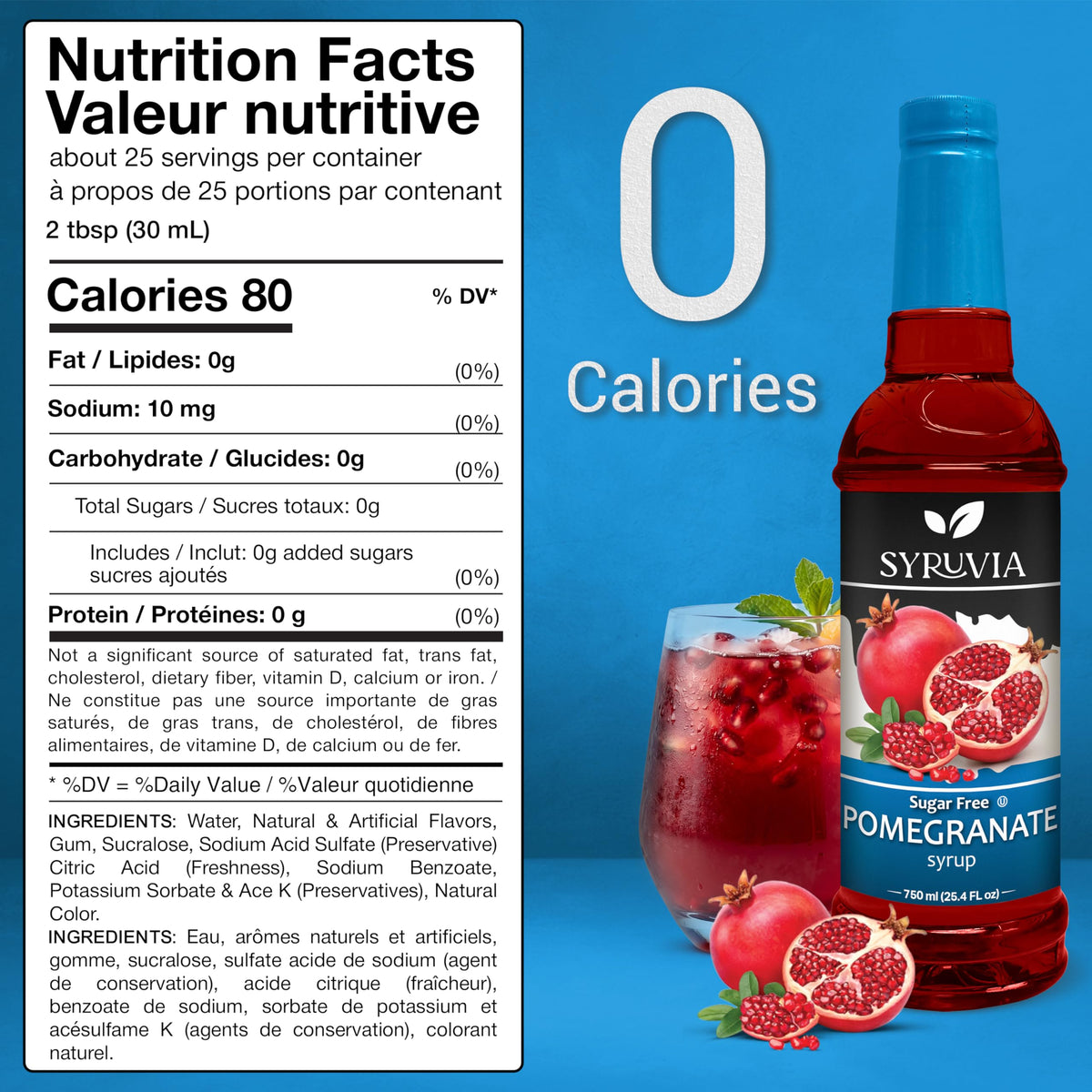 Syruvia sugar-free pomegranate syrup pouring glass shows rich color and aroma