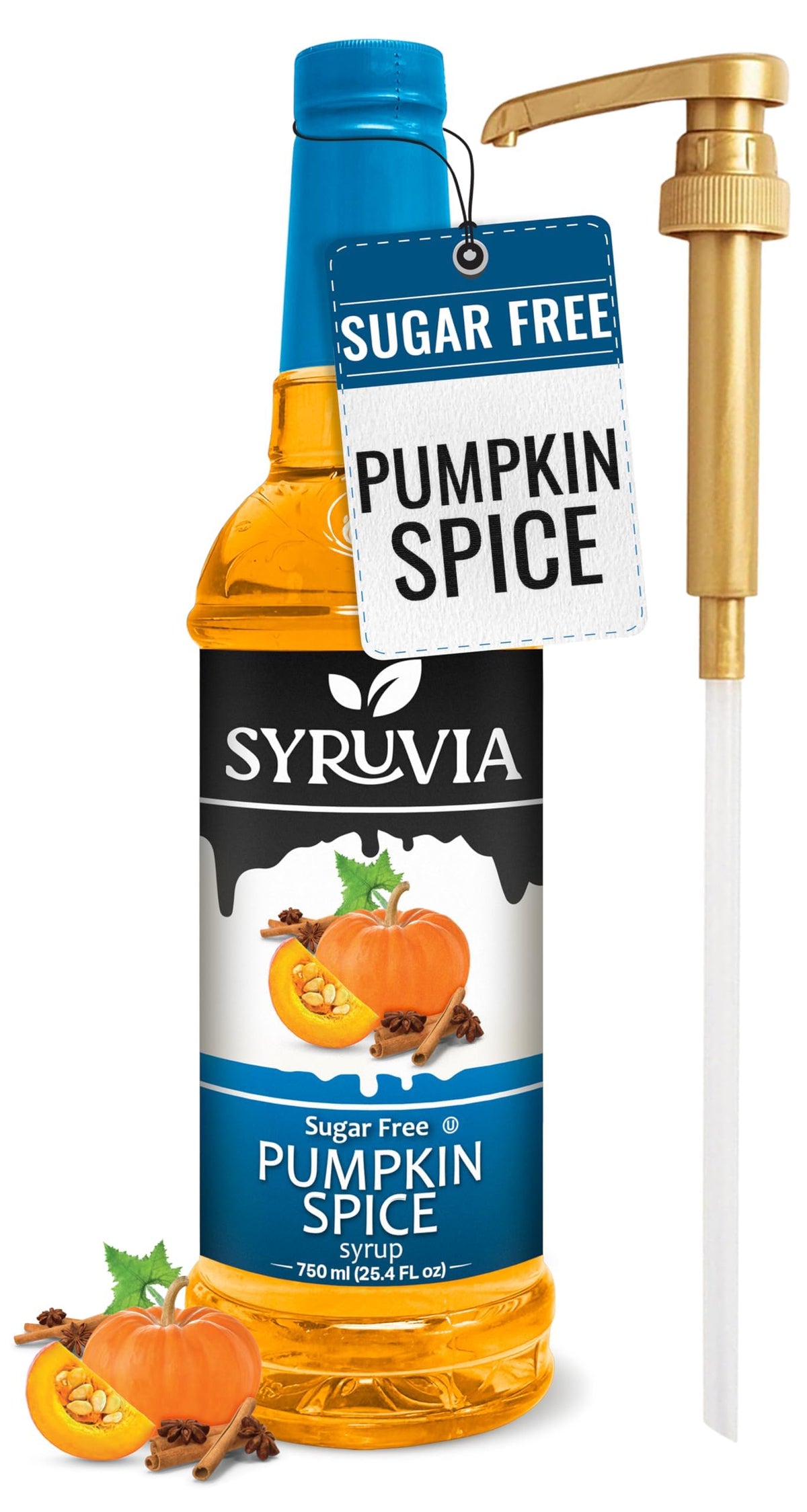 SYRUVIA Sugar Free Pumpkin Spice Syrup bottle pours rich flavor into coffee.