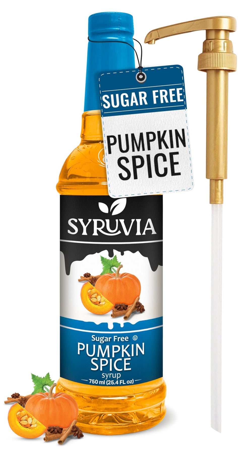 SYRUVIA Sugar Free Pumpkin Spice Syrup bottle pours rich flavor into coffee.