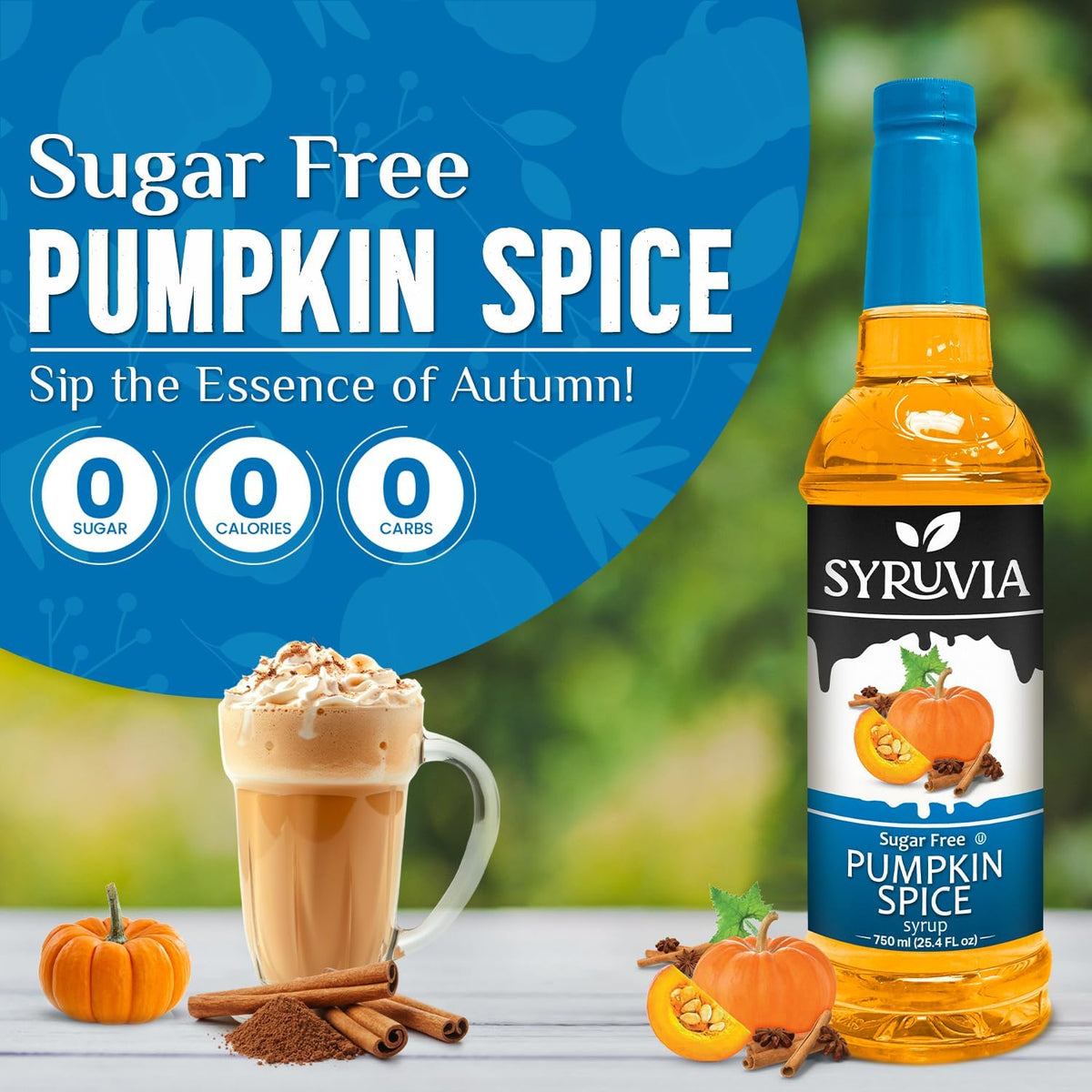 SYRUVIA Sugar Free Pumpkin Spice Syrup bottle with pump for easy dispensing.