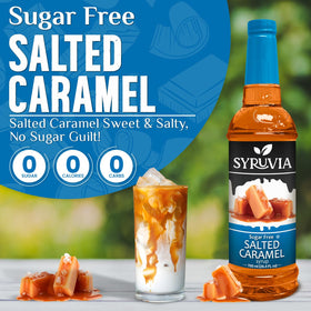 SYRUVIA Sugar Free Salted Caramel Syrup pump showing easy, mess-free topping for coffee
