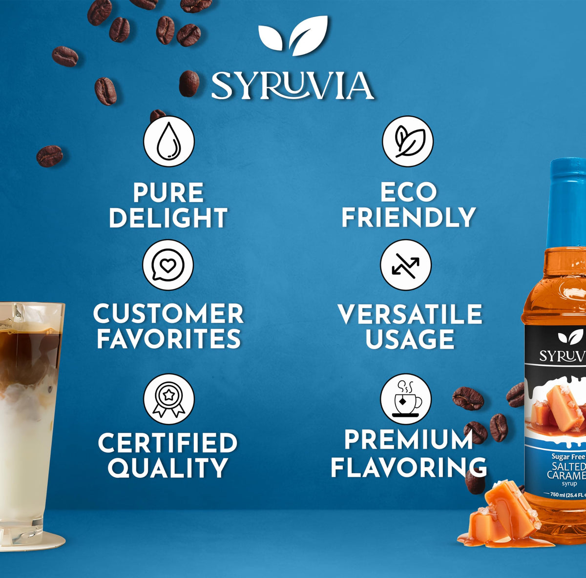 USA-made SYRUVIA Sugar Free Salted Caramel Syrup packaging