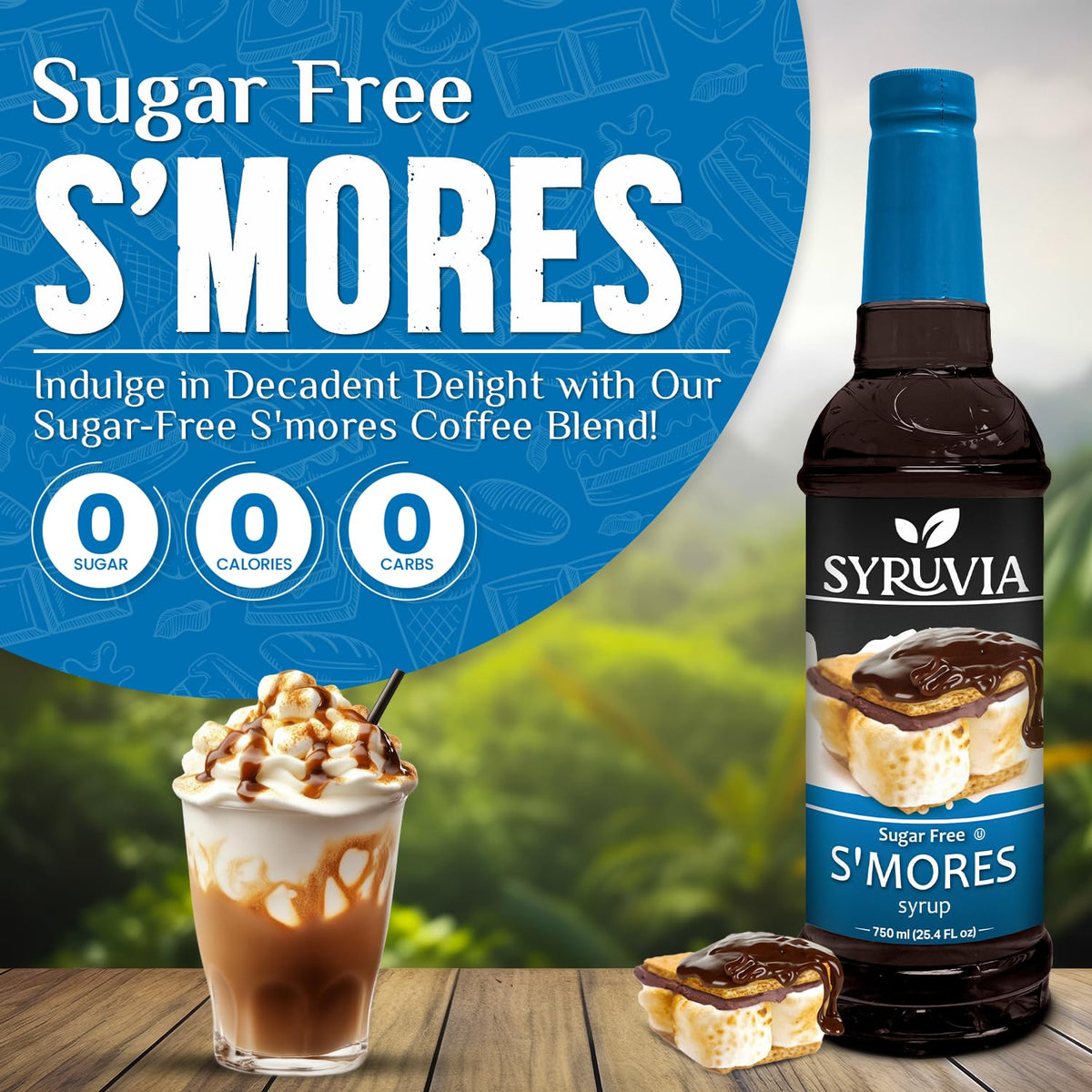 SYRUVIA sugar-free S'mores syrup pump-dispense close-up, ideal for lattes.