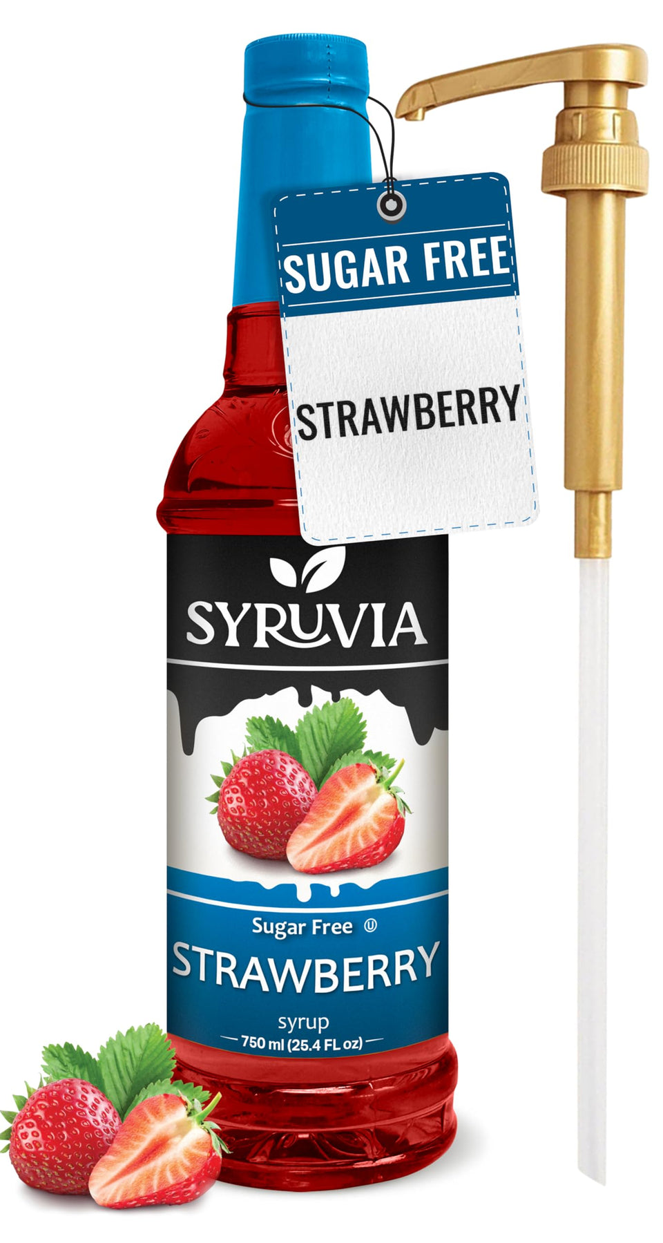 Syruvia sugar-free strawberry syrup bottle on counter showing berry flavor for drinks and desserts