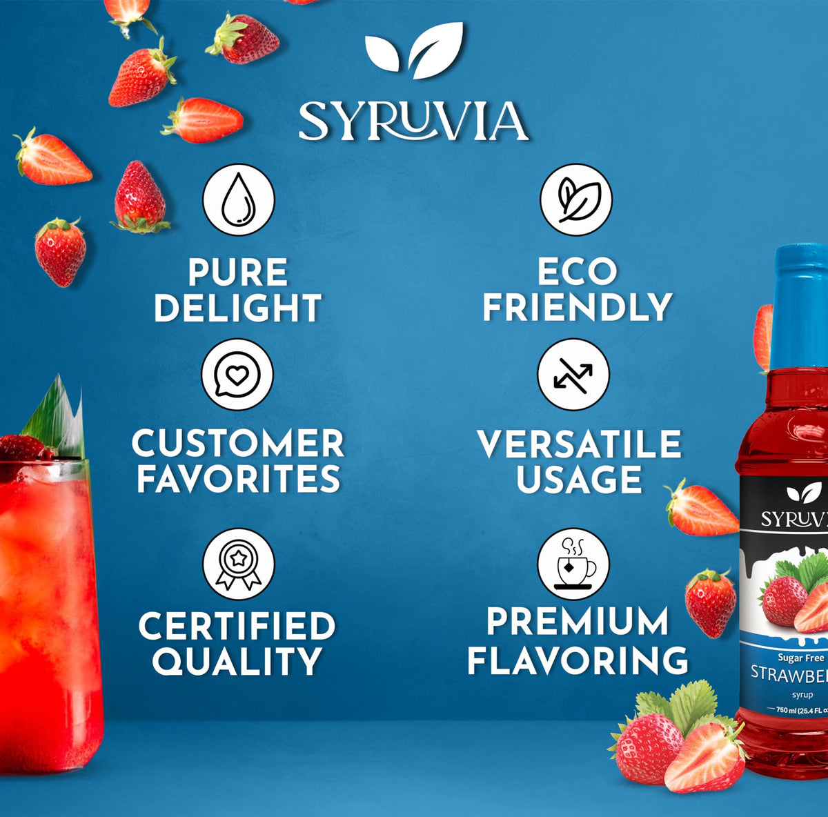 Syruvia sugar-free strawberry syrup in a lemonade glass for a bright, low-calorie twist
