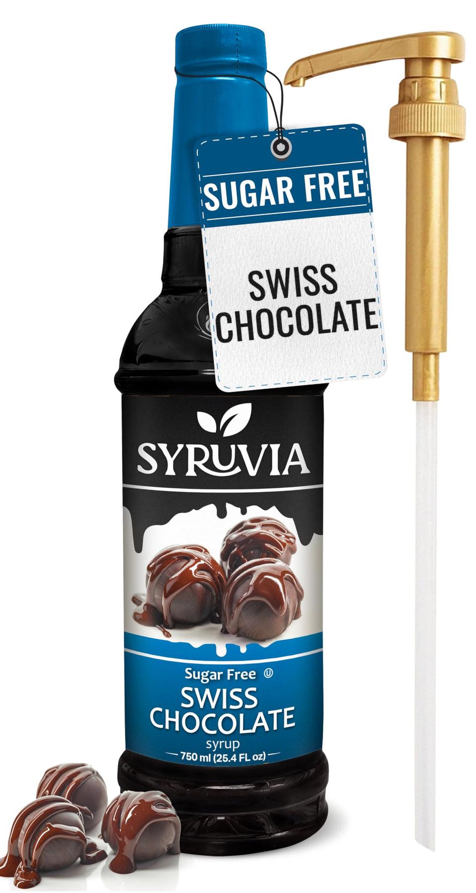 Syruvia sugar-free Swiss chocolate syrup bottle front for rich, guilt-free flavor.