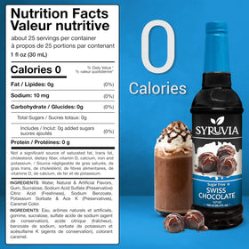 Syruvia sugar-free Swiss chocolate syrup over a coffee mug for lattes.