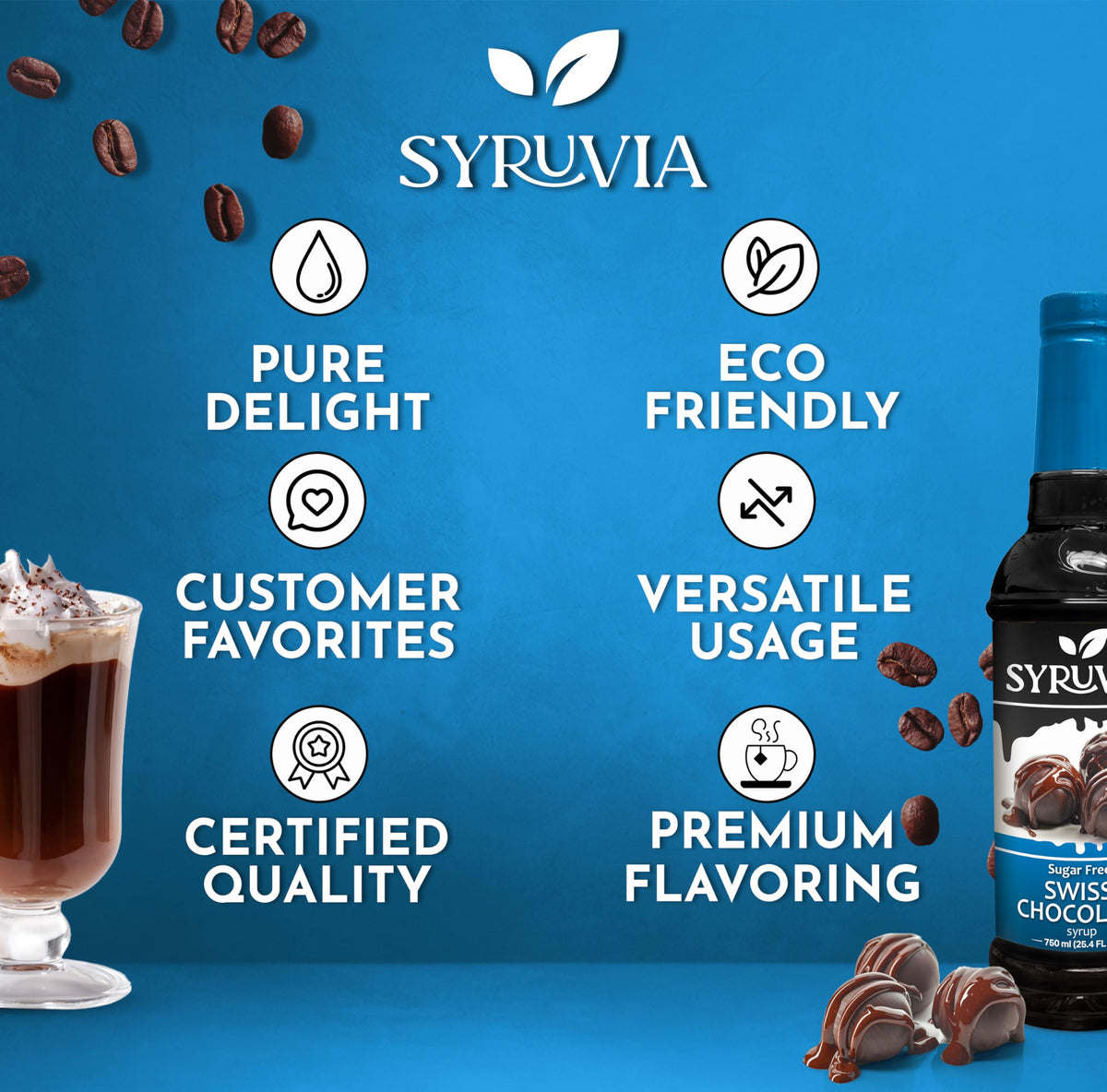 Syruvia sugar-free Swiss chocolate syrup as a dessert topping with glossy finish.