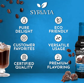 Syruvia sugar-free Swiss chocolate syrup as a dessert topping with glossy finish.
