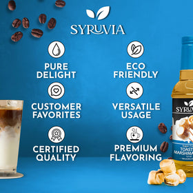 SYRUVIA label close-up emphasizes premium ingredients and sugar-free promise