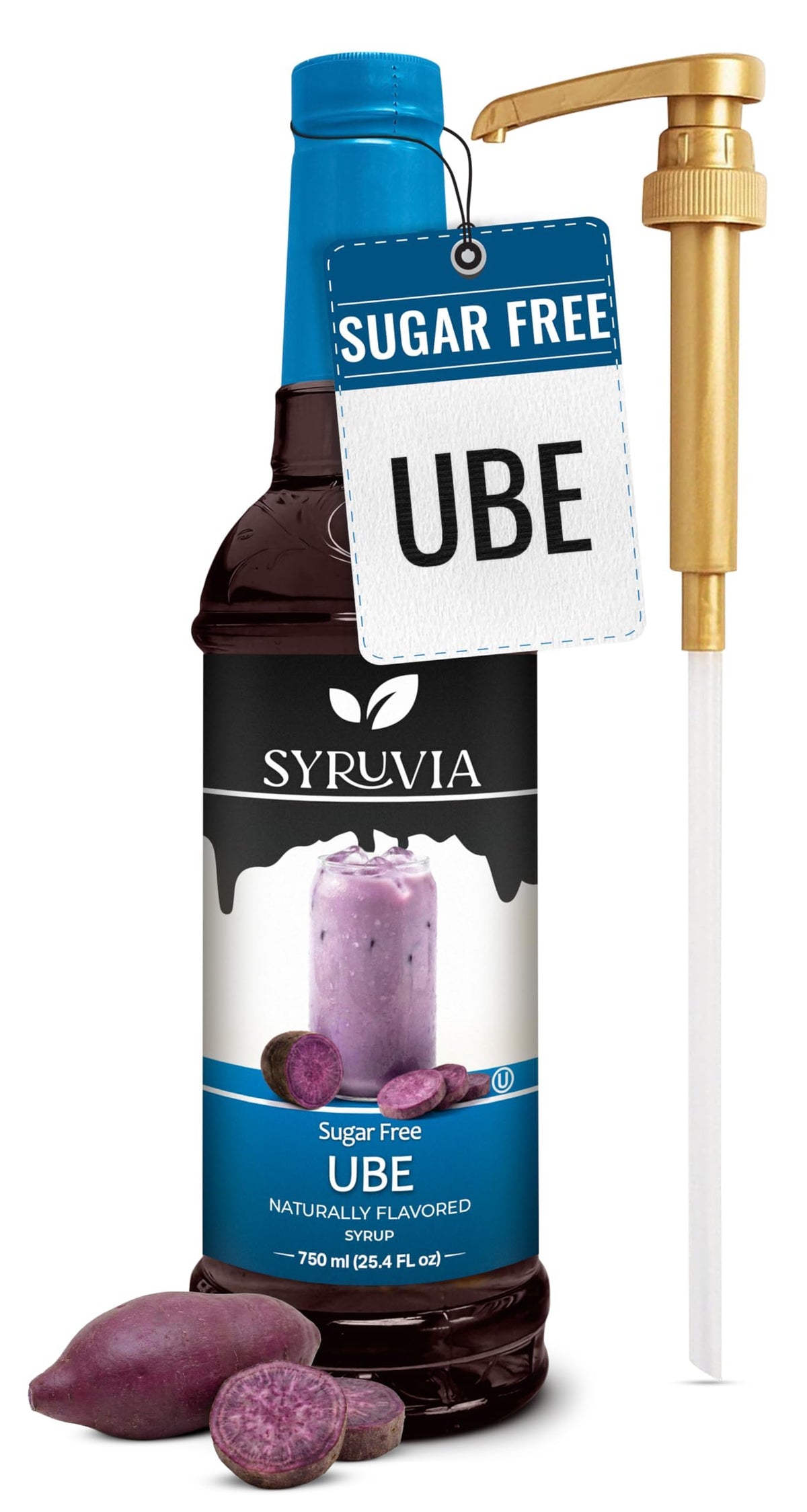 SYRUVIA Sugar Free Ube Syrup bottle with pump for easy sugar-free beverages.