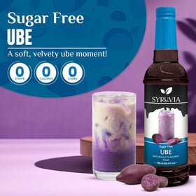 SYRUVIA Sugar Free Ube Syrup being poured into coffee for a creamy sugar-free boost.