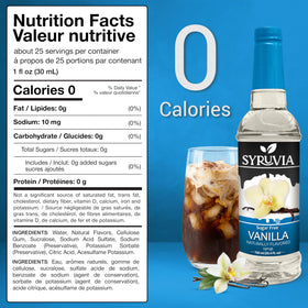 SYRUVIA Sugar Free Vanilla Syrup label highlighting clean ingredients