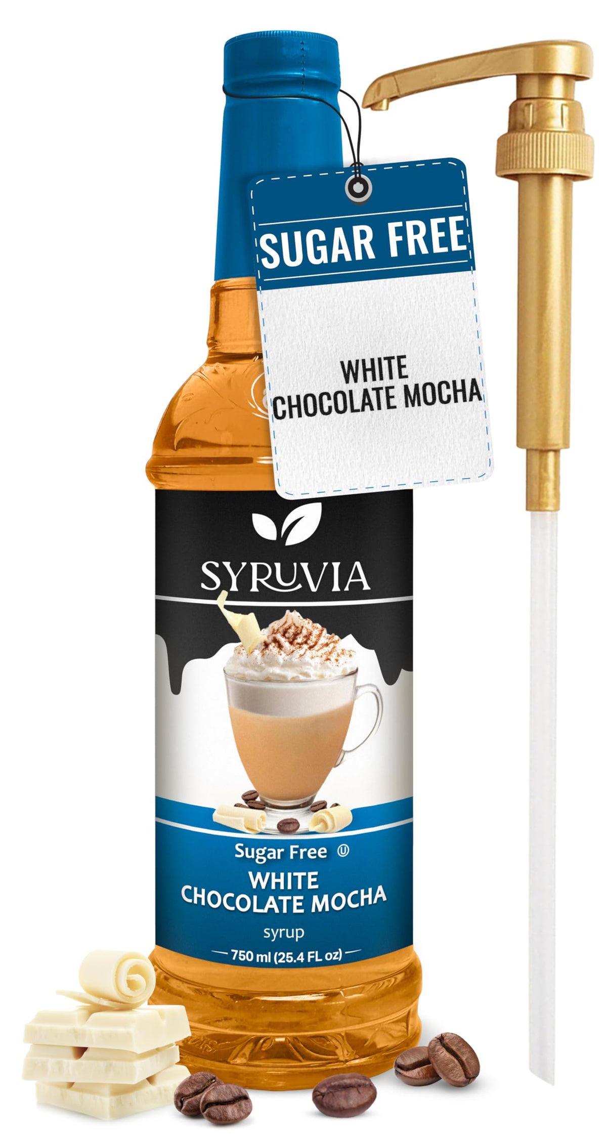 SYRUVIA sugar-free white chocolate mocha syrup pump enhances coffee with rich flavor.