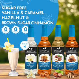 SYRUVIA caramel sugar-free coffee syrup bottle enhances lattes with smooth caramel notes