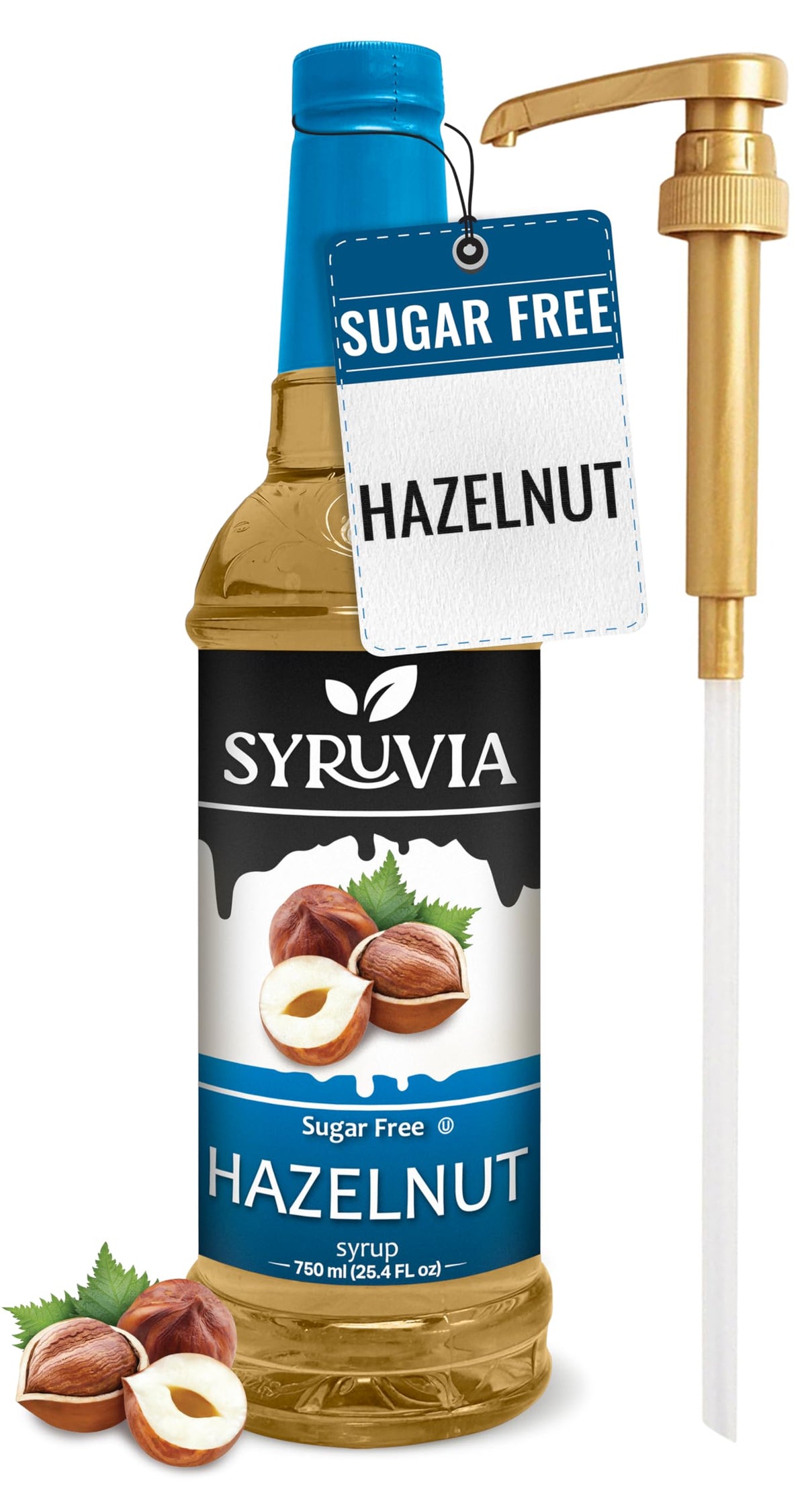 SYRUVIA Sugar Free Hazelnut Syrup bottle pour showing rich aroma and zero calories