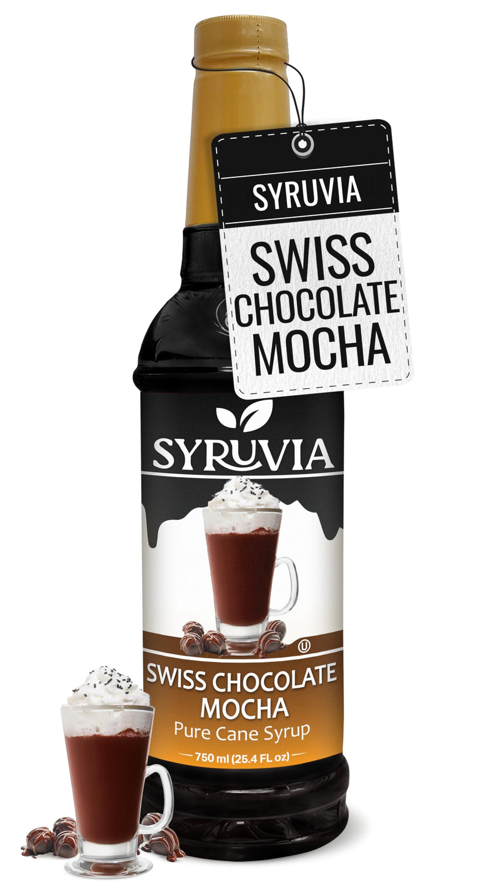 SYRUVIA Swiss Chocolate Mocha syrup bottle for rich, café-style drinks.