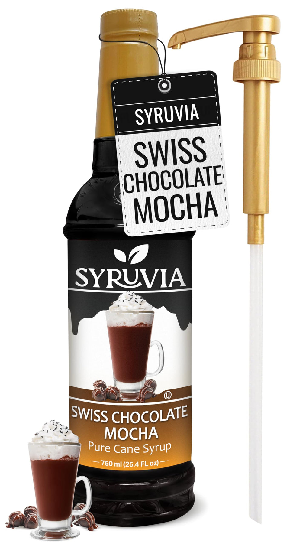 Syruvia Swiss Chocolate Mocha Syrup bottle adds rich aroma to coffee and desserts.