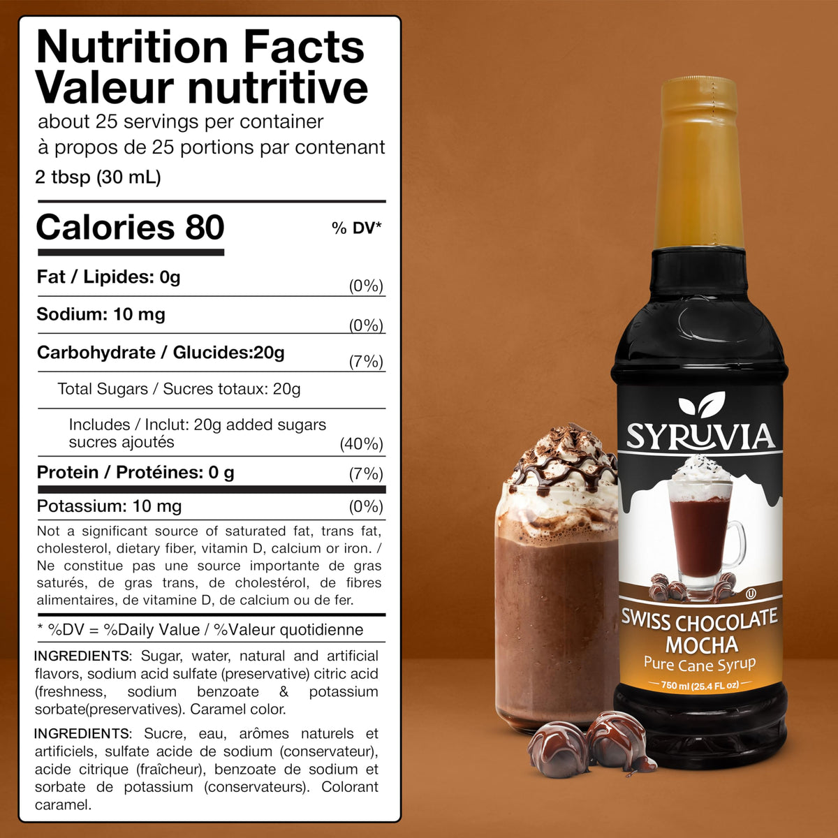 Pouring Syruvia Swiss Chocolate Mocha Syrup into a latte enhances flavor.