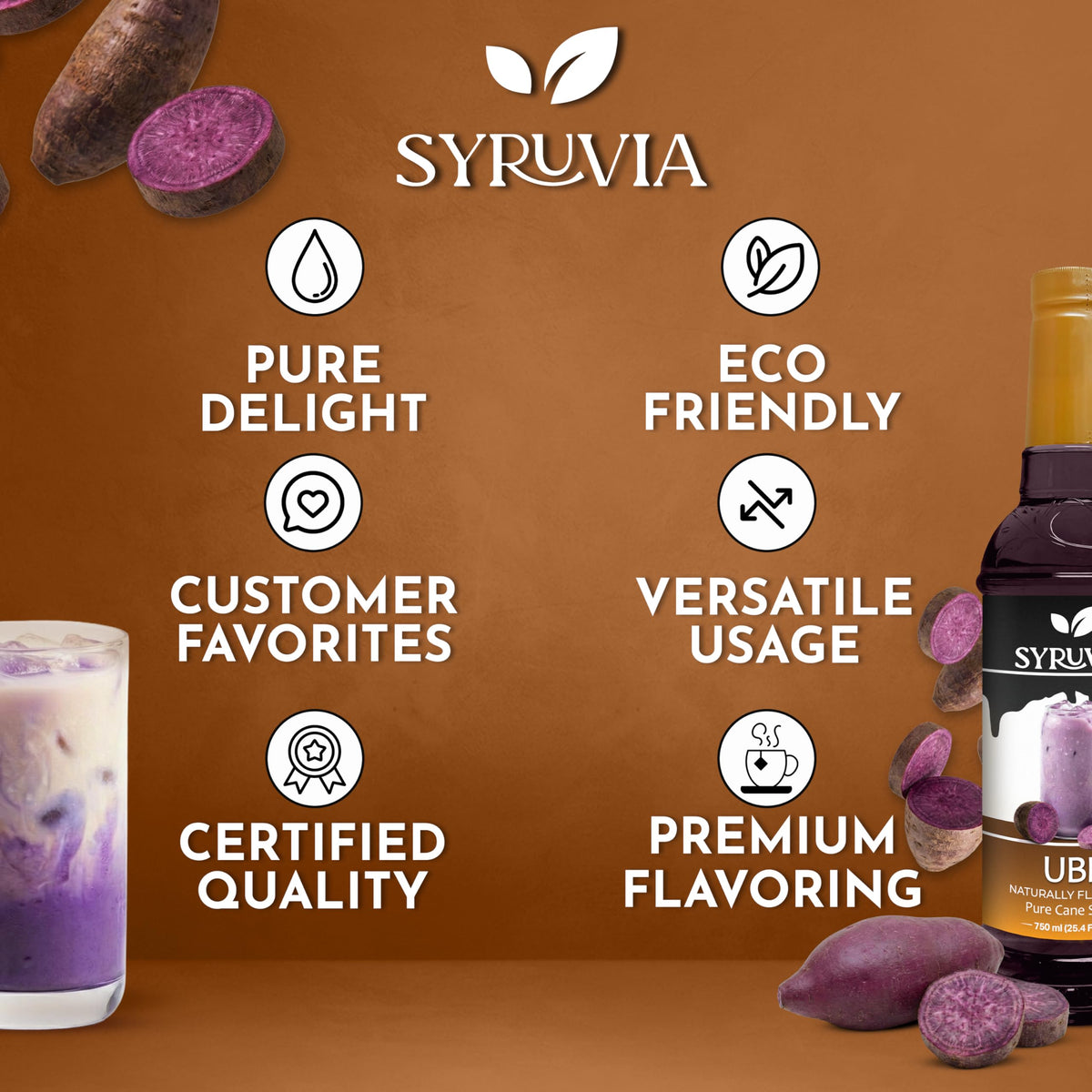 SYRUVIA Ube Syrup DIY drinks idea on table.