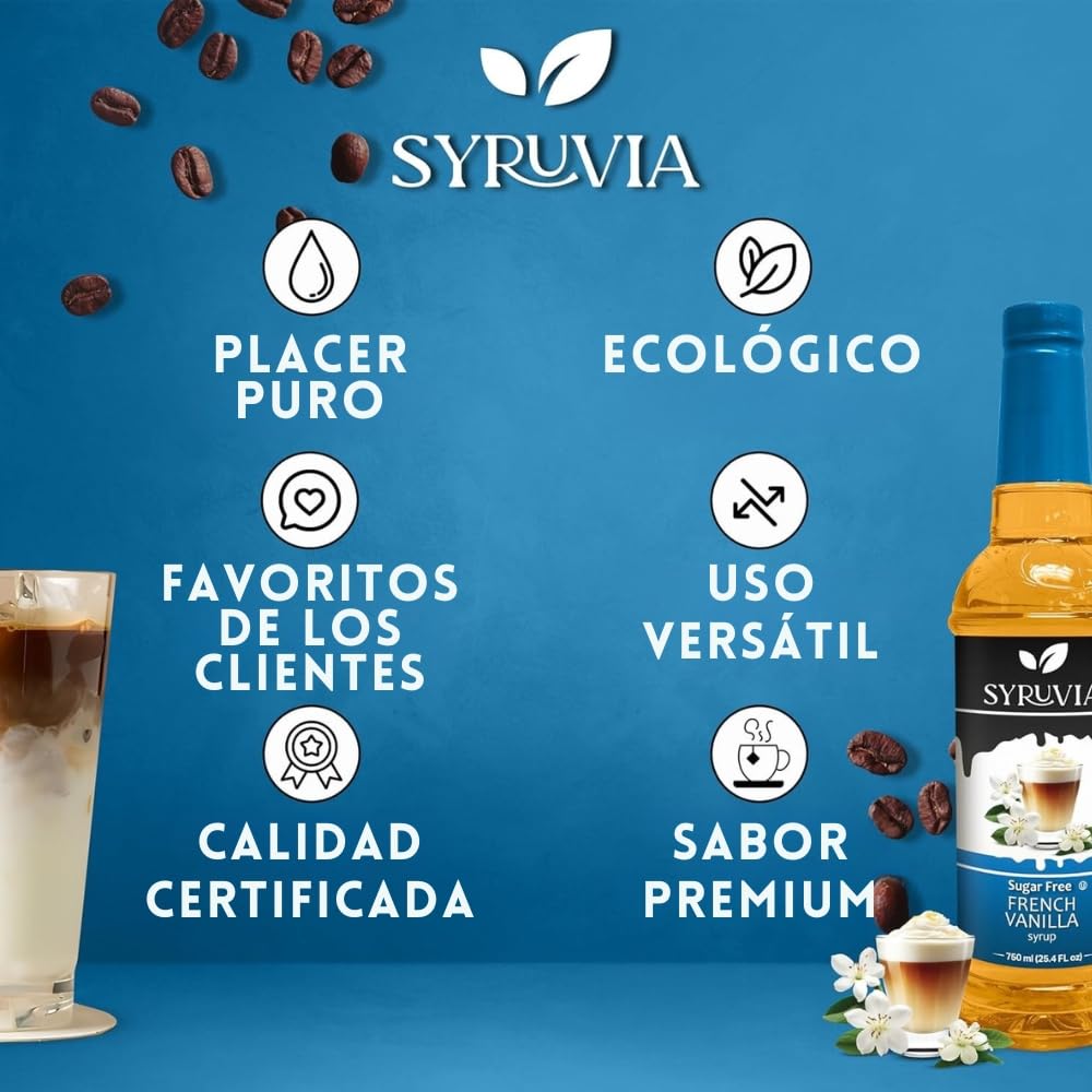 Pour from SYRUVIA bottle into latte; aroma rising.