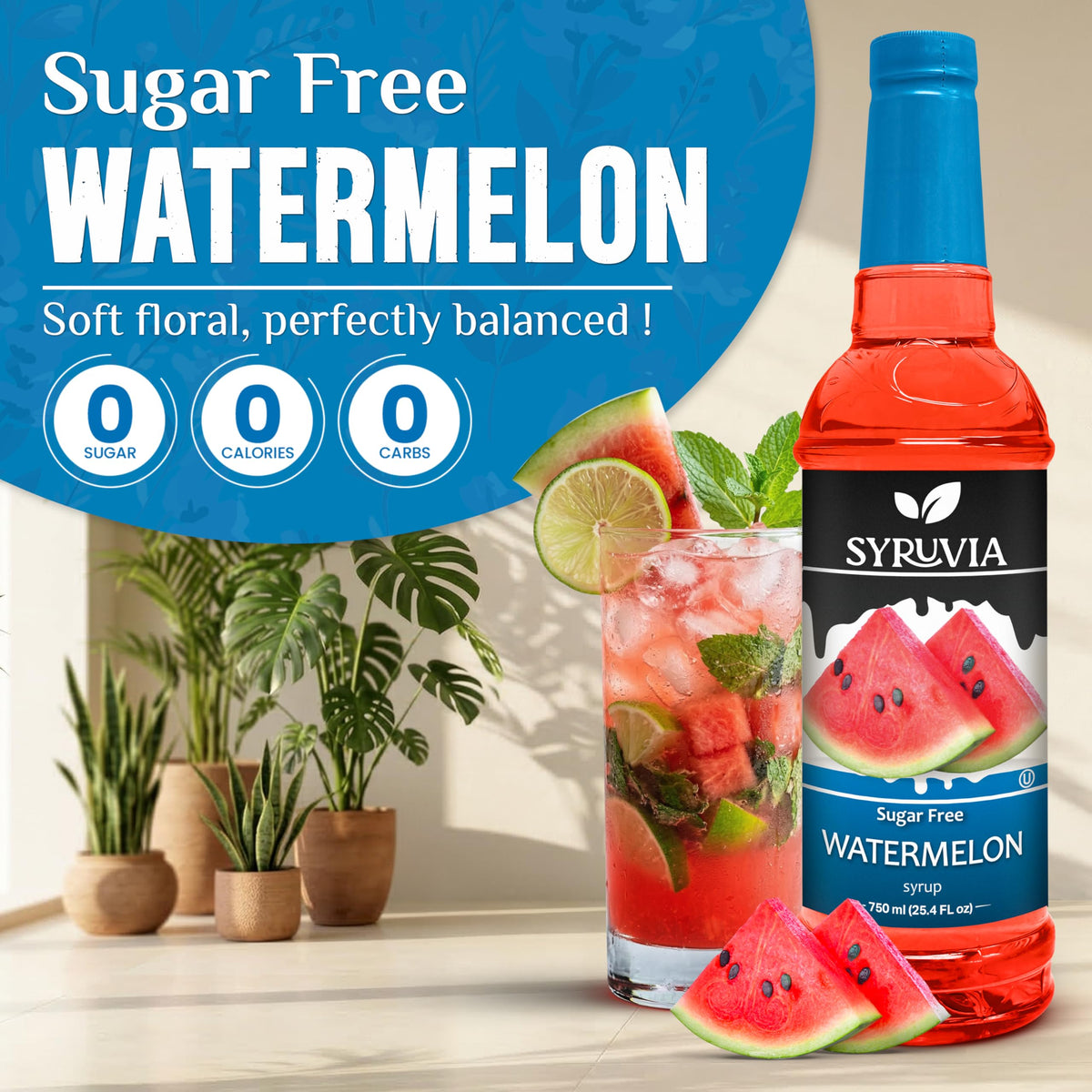 SYRUVIA Watermelon Syrup poured into a cocktail to boost fruit flavor.
