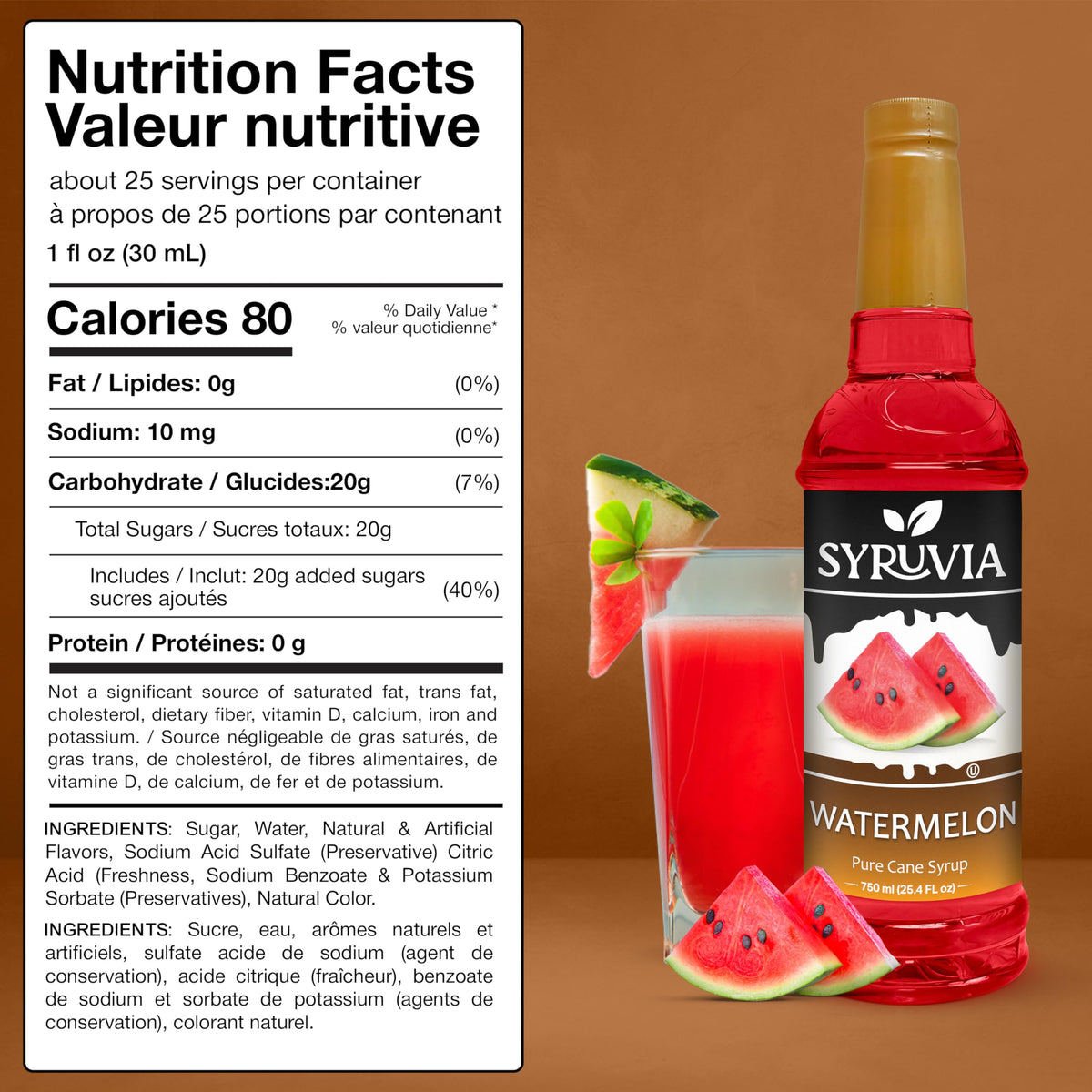 SYRUVIA Watermelon Syrup over ice elevates beverages with bright flavor.