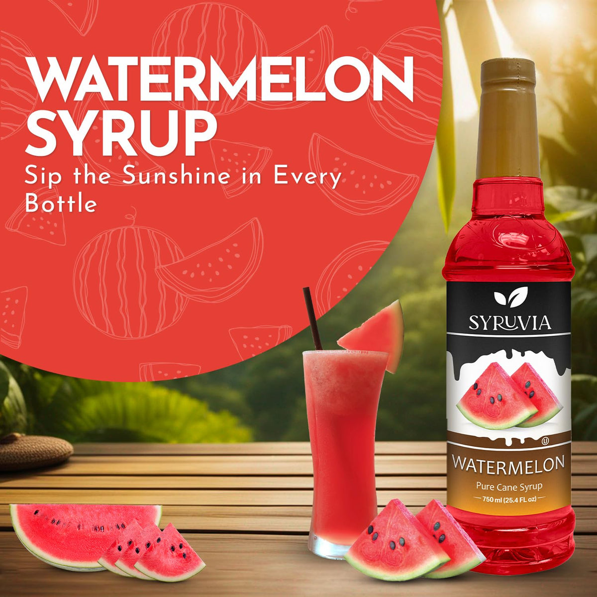 Pouring SYRUVIA Watermelon Syrup into a glass for a fruity twist.