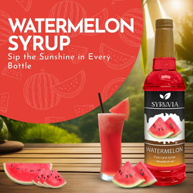 Pouring SYRUVIA Watermelon Syrup into a glass for a fruity twist.