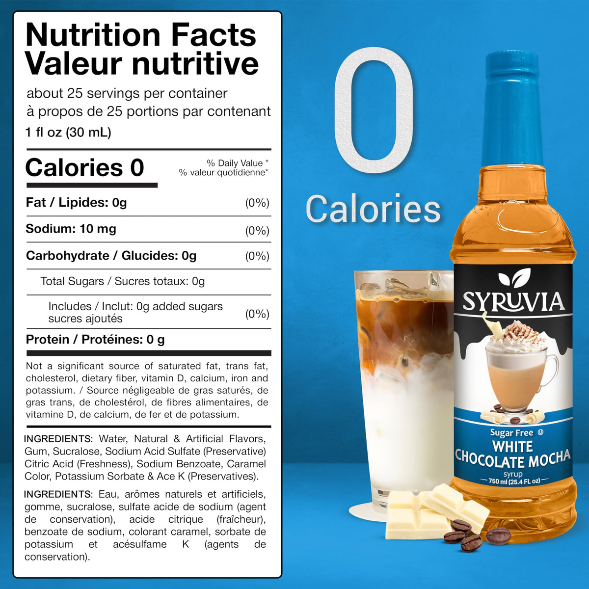 SYRUVIA white chocolate mocha syrup poured over coffee for a café-style finish.